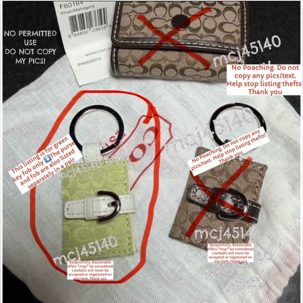 1 BNWOT COACH SIGNATURE GREEN KEY RING FOB BAG CHARMS PIC FRAMES RECEIPT 1 OWNER